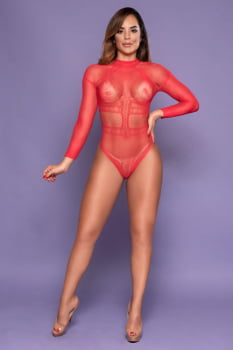 Body manga longa Arrastão desenhado vermelho - Yaffa